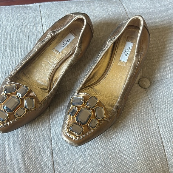 Prada Gold Jewel Embellished Leather Ballet Flats Size 35.5 - Picture 3 of 8